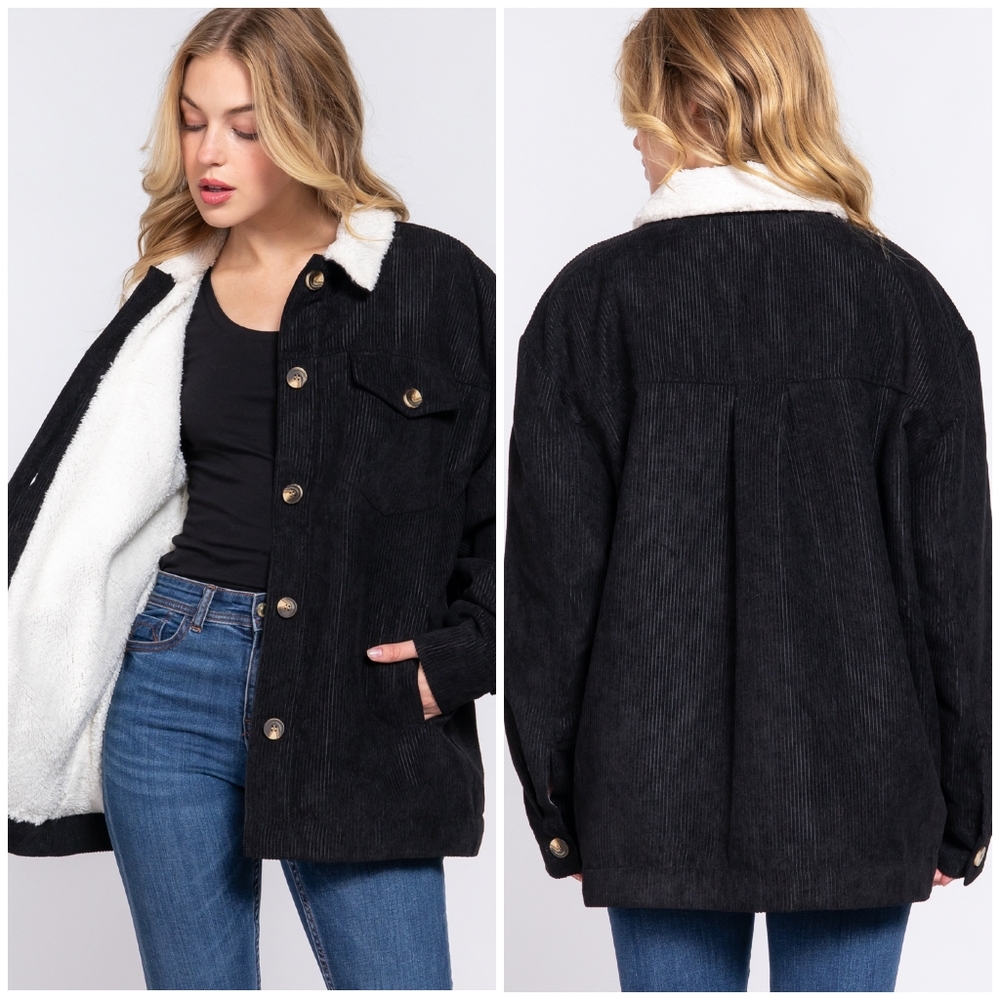 Cozy Black Long Trucker Corduroy Sherpa Lined Jacket